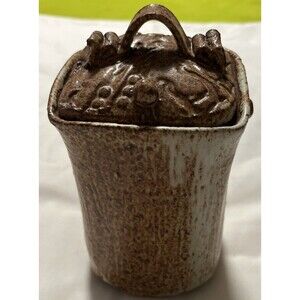 Brown Tan Pottery Tall Jar w/ Lidded Handle Lid, 6.5 in Tall 3.5 In Wide